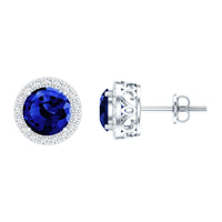 Certified 2 Carat Lab Grown Blue Sapphire Stud Earrings With Moissanite Halo