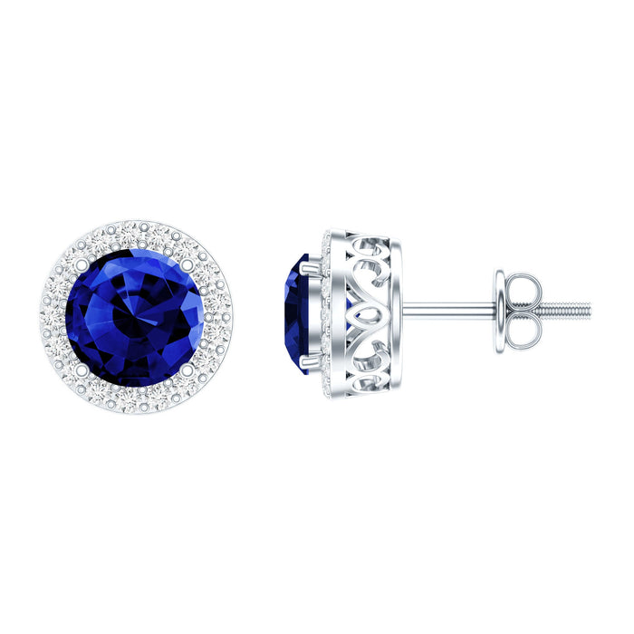 Certified 2 Carat lab-grown blue sapphire stud earrings with moissanite halo, featuring elegant earrings design by Rosec Jewels