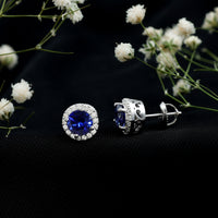Certified 2 Carat Lab Grown Blue Sapphire Stud Earrings With Moissanite Halo