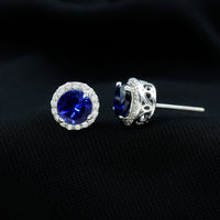 Certified 2 Carat Lab Grown Blue Sapphire Stud Earrings With Moissanite Halo