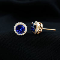 Round Lab Grown Blue Sapphire Stud Earrings With Moissanite Halo