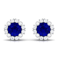 Designer Lab Created Blue Sapphire and Diamond Halo Stud Earrings