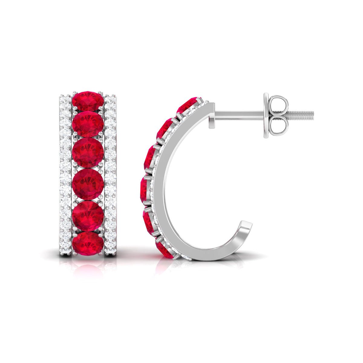 Lab Created Ruby and Diamond Hoop Earrings with Screw Backs