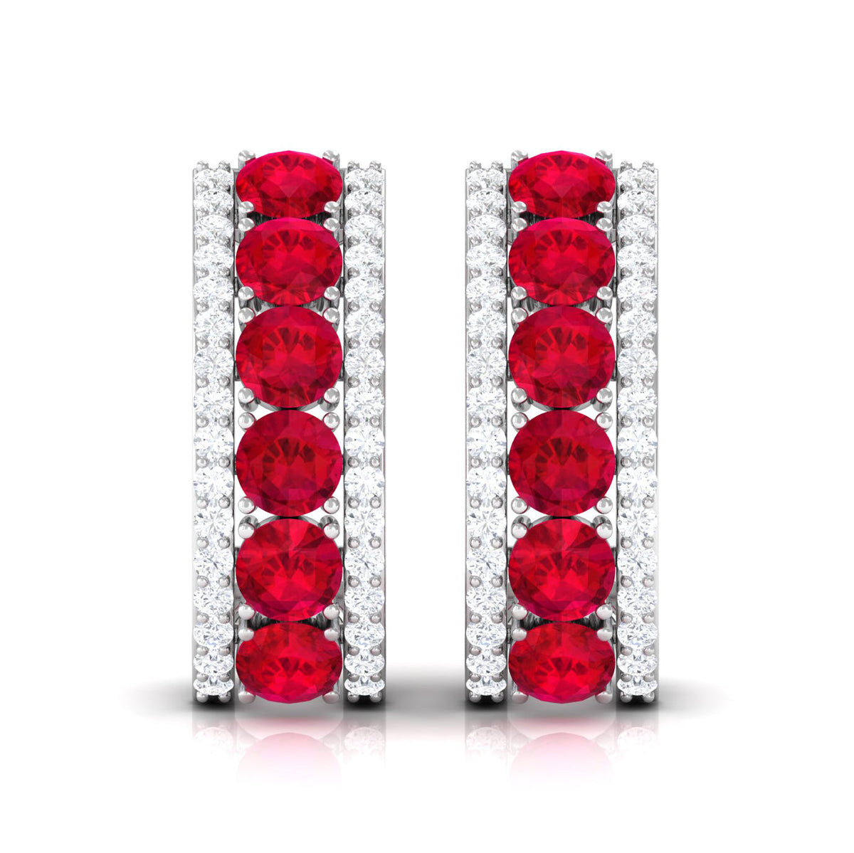 Lab Created Ruby and Diamond Hoop Earrings with Screw Backs