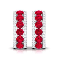 Lab Created Ruby and Diamond Hoop Earrings with Screw Backs