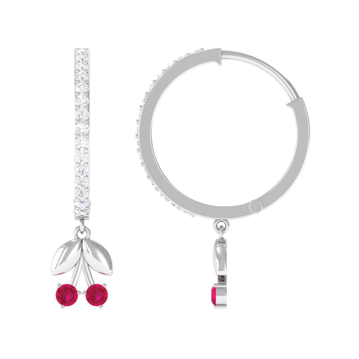 Natural Ruby cherry drop hoop earrings with diamond accents by Rosec Jewels, showcasing elegant red rubies and sparkling diamonds.