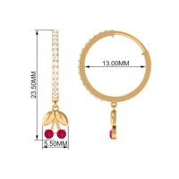 Natural ruby cherry drop hoop earrings with diamond accents by Rosec Jewels, showcasing elegant red gemstone drops and sparkling details.