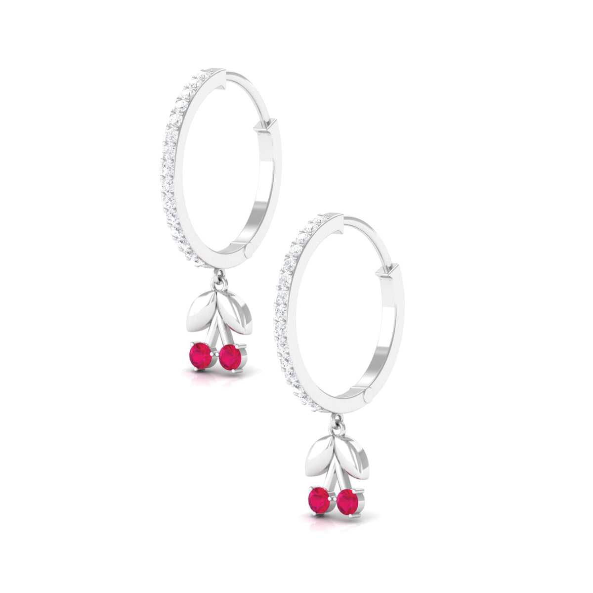Natural ruby cherry drop hoop earrings with diamond accents by Rosec Jewels, featuring vibrant red gemstones and elegant hoop design.