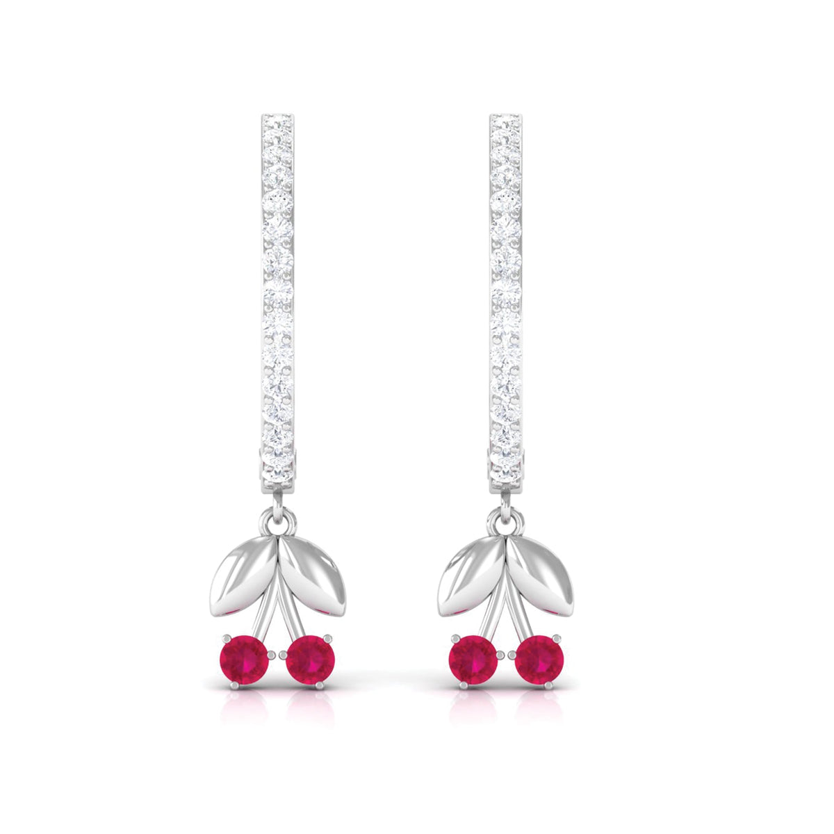 Natural ruby cherry drop hoop earrings with diamond accents, crafted by Rosec Jewels, featuring vibrant red gemstones and elegant hoop design.