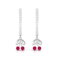Natural ruby cherry drop hoop earrings with diamond accents, crafted by Rosec Jewels, featuring vibrant red gemstones and elegant hoop design.