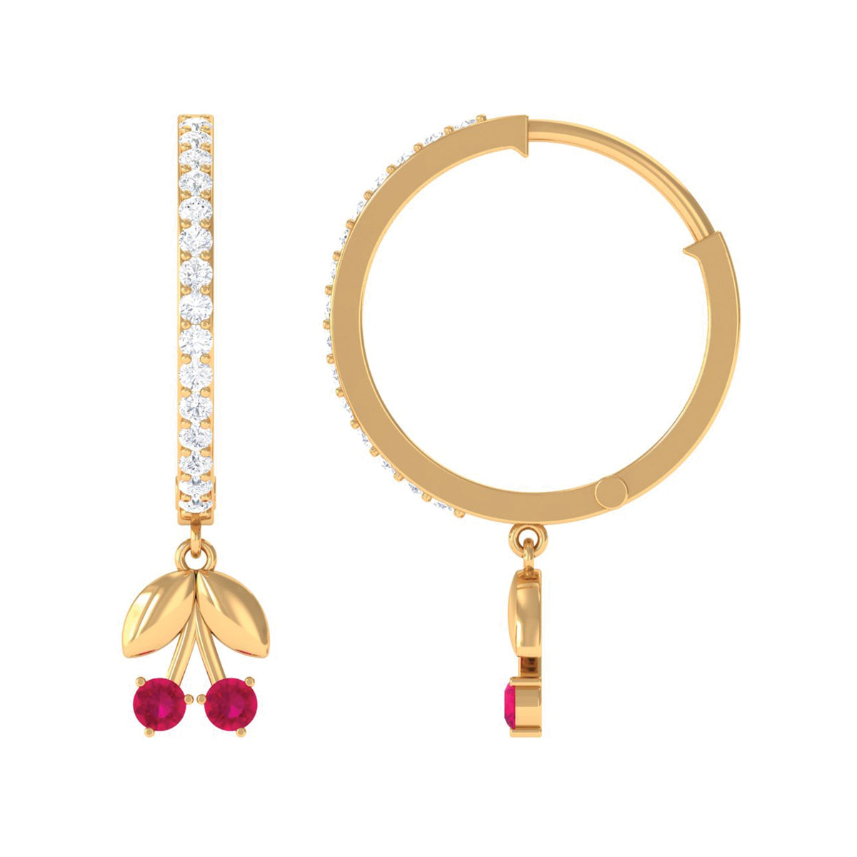 Rosec Jewels natural ruby cherry drop hoop earrings with diamond accents, featuring vibrant red gemstone and elegant hoop design