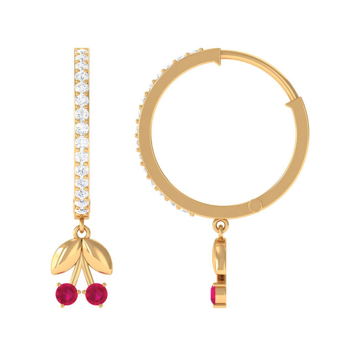 Rosec Jewels natural ruby cherry drop hoop earrings with diamond accents, featuring vibrant red gemstone and elegant hoop design