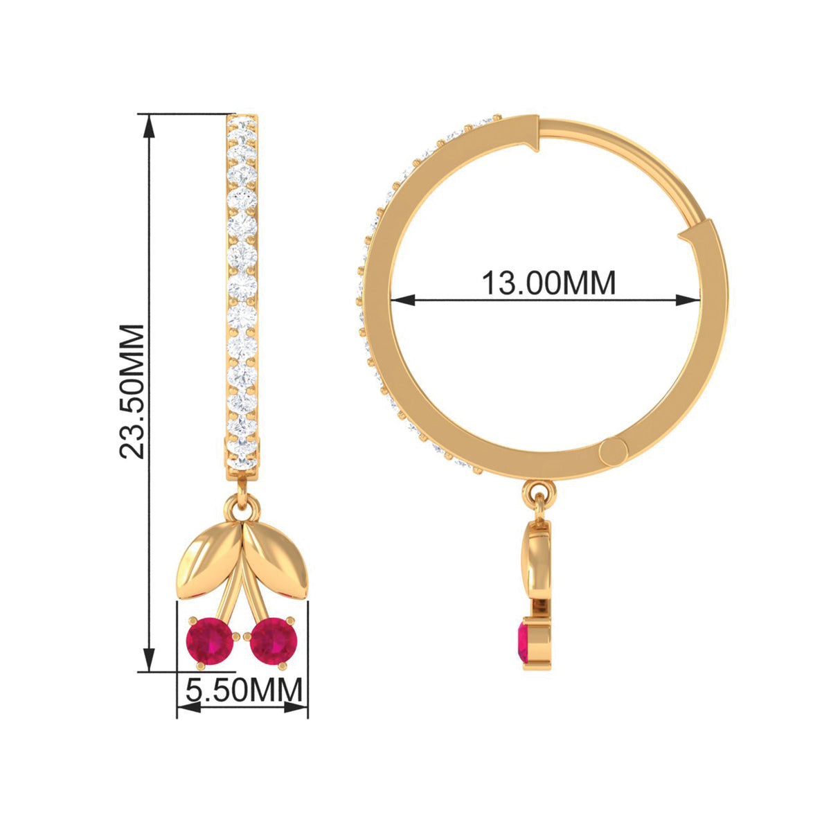 Natural ruby cherry drop hoop earrings with diamond accents by Rosec Jewels, featuring vibrant red ruby stones and sparkling diamonds.