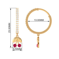 Natural ruby cherry drop hoop earrings with diamond accents by Rosec Jewels, featuring vibrant red ruby stones and sparkling diamonds.