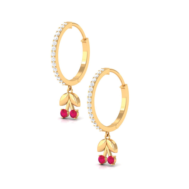 Natural ruby cherry drop hoop earrings with diamond accents by Rosec Jewels, featuring vibrant red gemstones and elegant hoop design.
