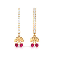 Natural ruby cherry drop hoop earrings with diamonds from Rosec Jewels, featuring vibrant ruby stones and sparkling diamond accents.