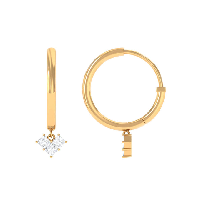 Rosec Jewels minimal diamond drop earrings with hinged hoops, featuring sparkling diamonds and sleek gold design.