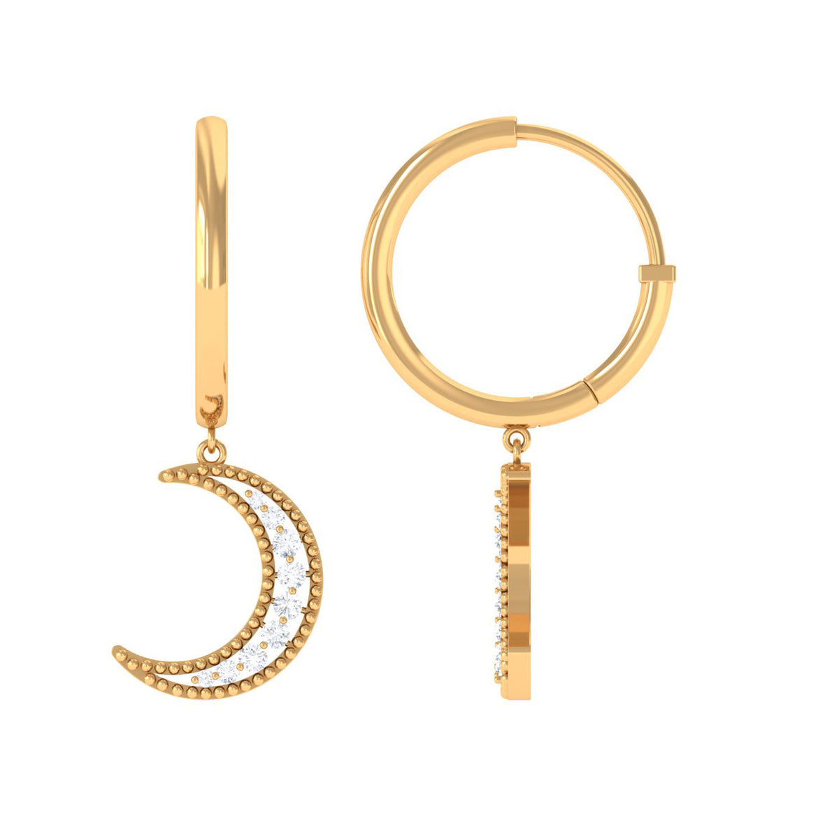 Rosec Jewels certified diamond moon drop hoop earrings with sparkling diamonds and elegant design.