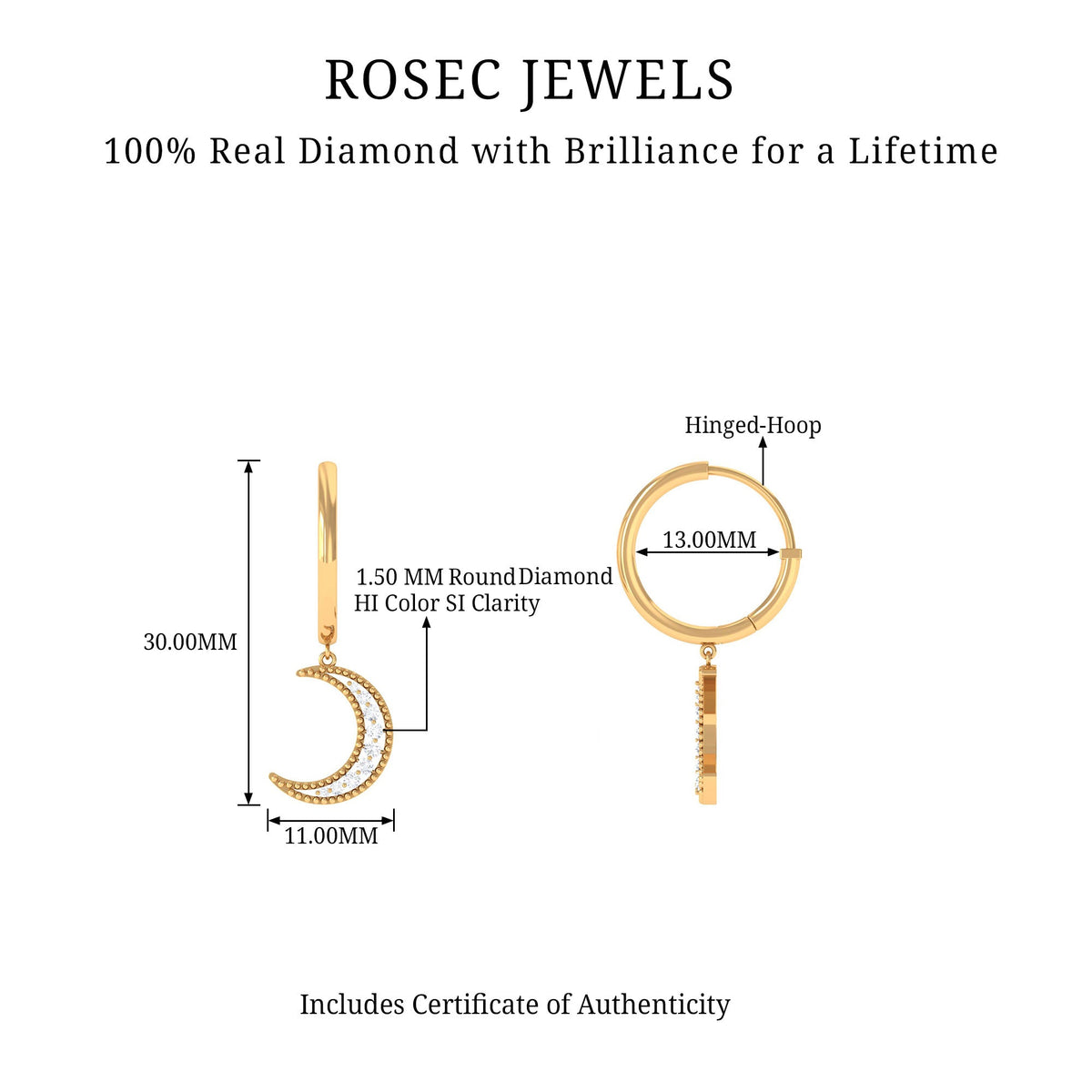 Rosec Jewels certified diamond moon drop hoop earrings featuring elegant, sparkling diamond accents on silver hoops.