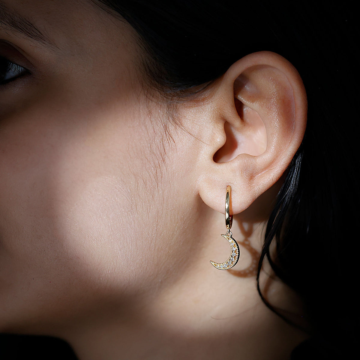 Rosec Jewels certified diamond moon drop hoop earrings with elegant hoop design and sparkling diamond accents.
