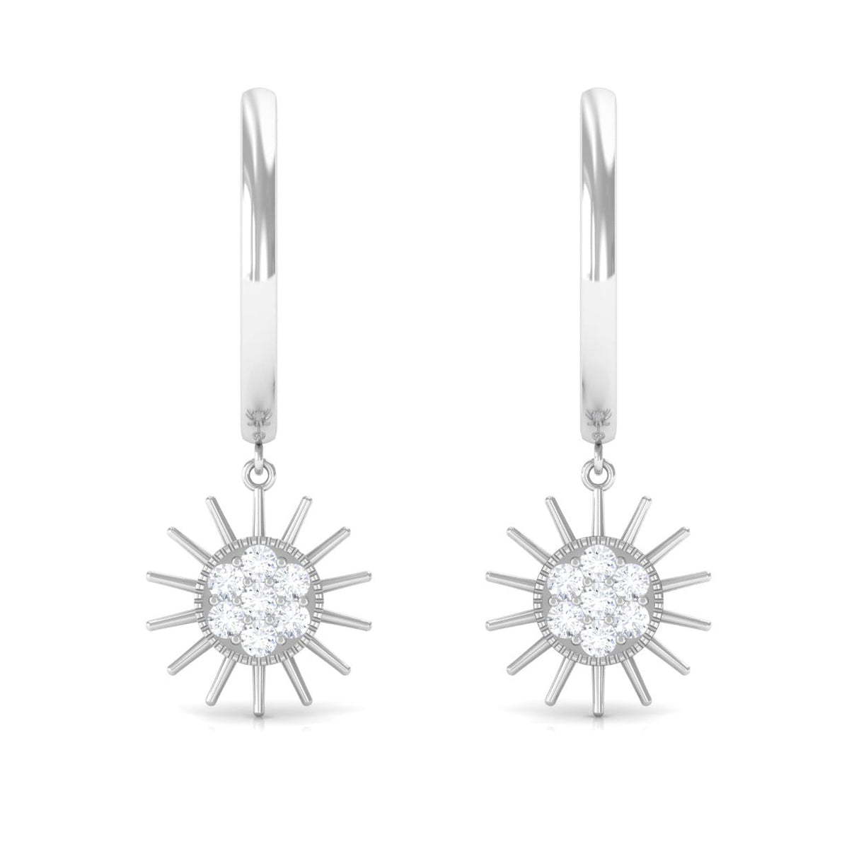 Rosec Jewels certified diamond sunburst hoop earrings with sparkling diamond accents and intricate metalwork.