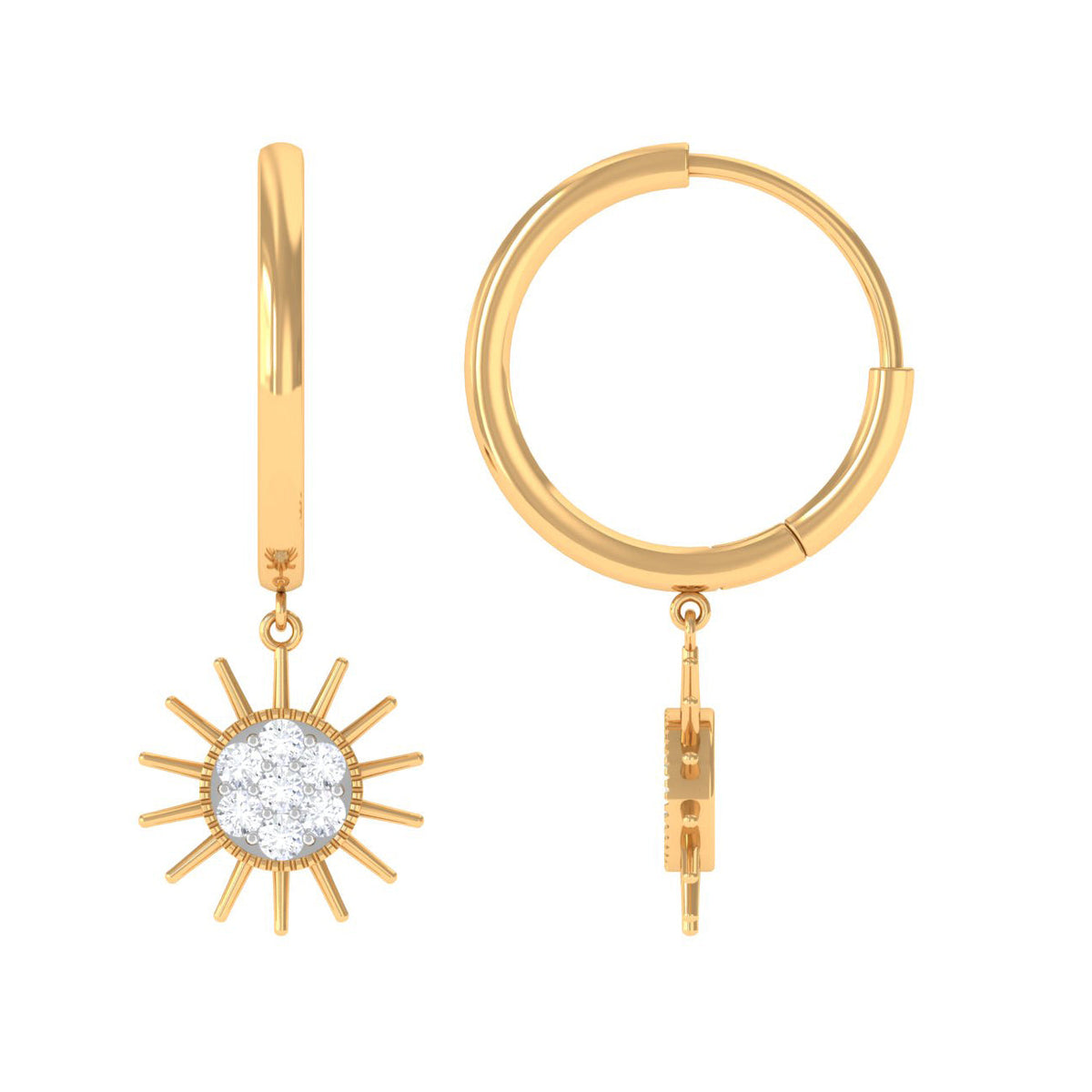 Rosec Jewels Certified Diamond Sunburst Hoop Earrings showing intricate design and sparkling diamonds on polished hoops.