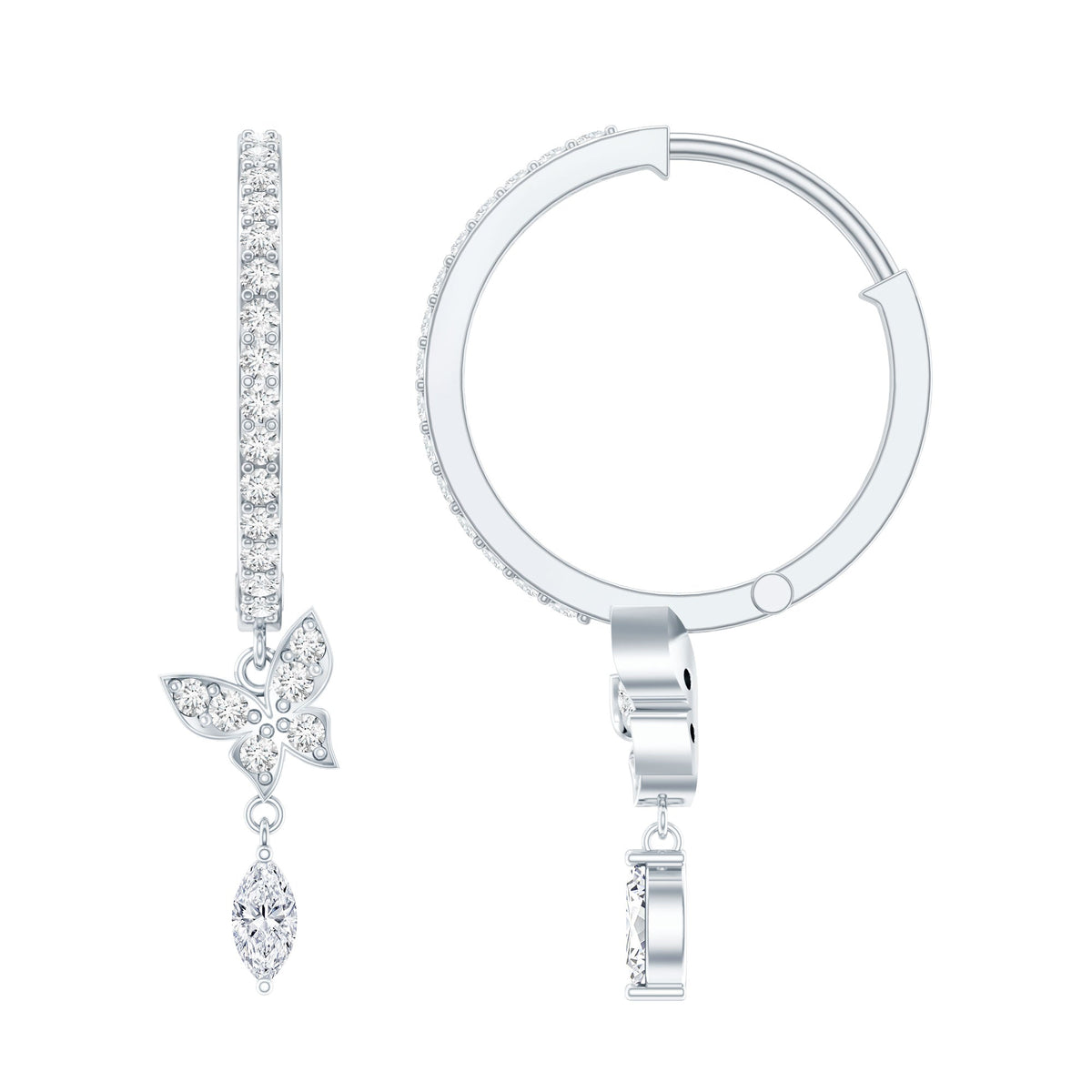 Natural diamond butterfly hoop earrings for women by Rosec Jewels, featuring delicate butterfly design and sparkling diamonds.