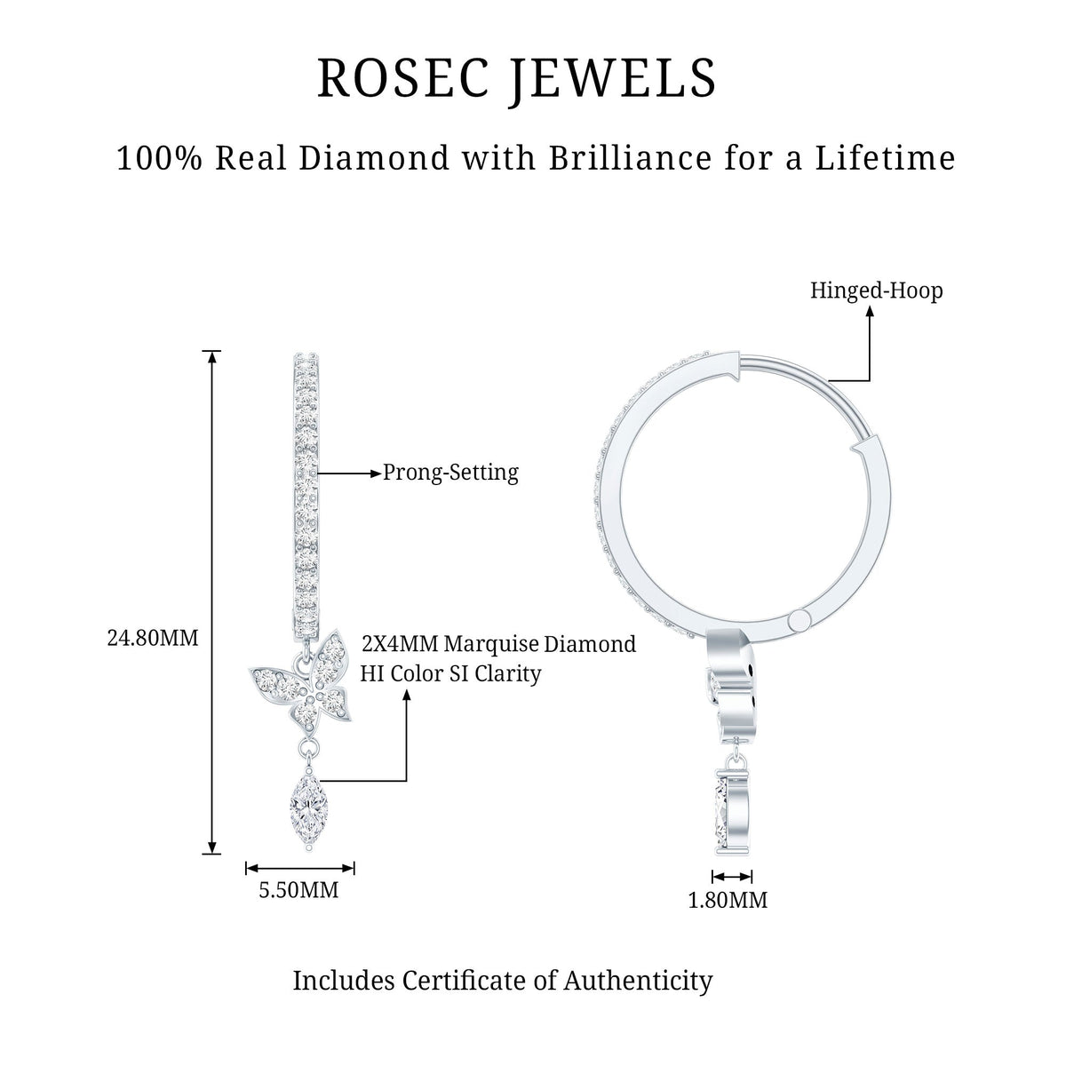 Natural diamond butterfly hoop earrings for women by Rosec Jewels, featuring elegant butterfly-shaped design in sterling silver.
