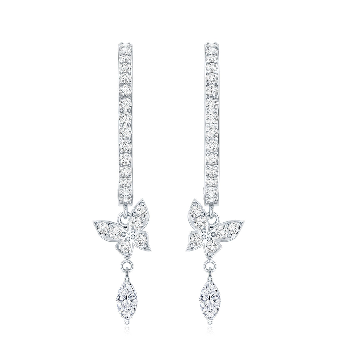 Natural diamond butterfly hoop earrings for women by Rosec Jewels, featuring sparkling diamond accents and delicate butterfly design.