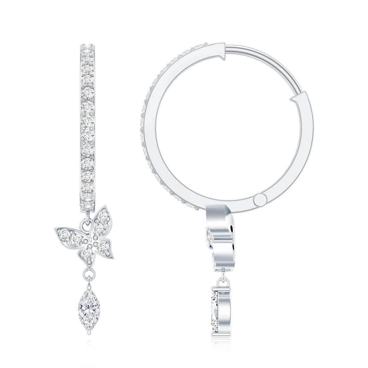 Natural diamond butterfly hoop earrings for women by Rosec Jewels, featuring delicate butterfly design and sparkling diamonds.