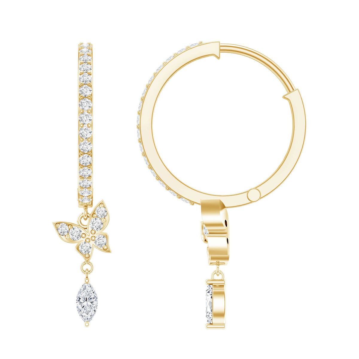 Natural diamond butterfly hoop earrings for women by Rosec Jewels, featuring delicate butterfly design and sparkling diamonds.