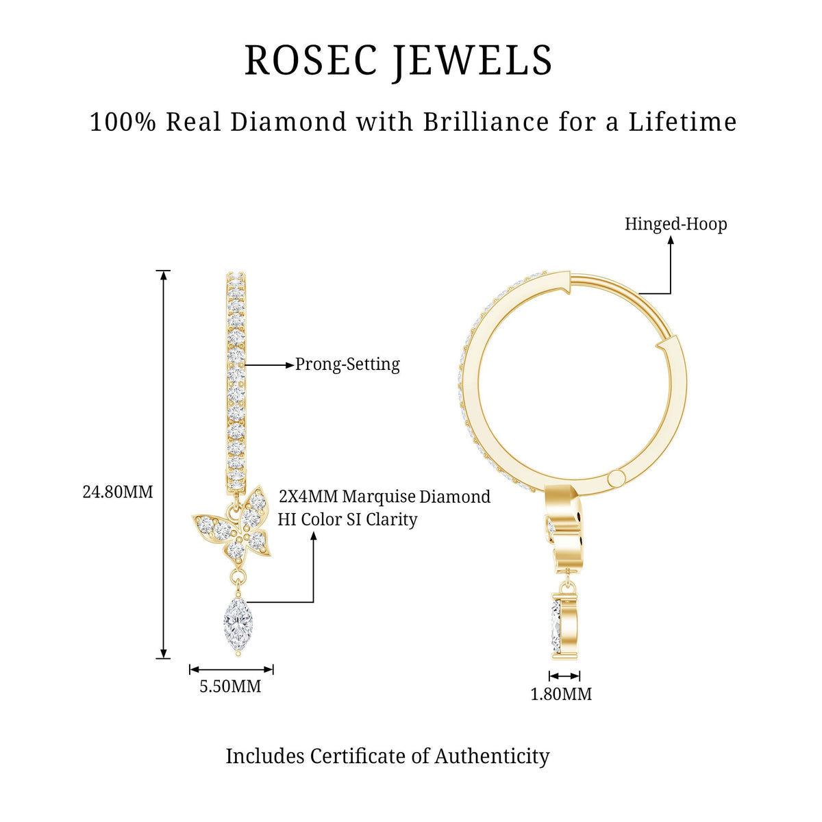 Natural diamond butterfly hoop earrings for women by Rosec Jewels, featuring delicate hoops with sparkling diamond accents.