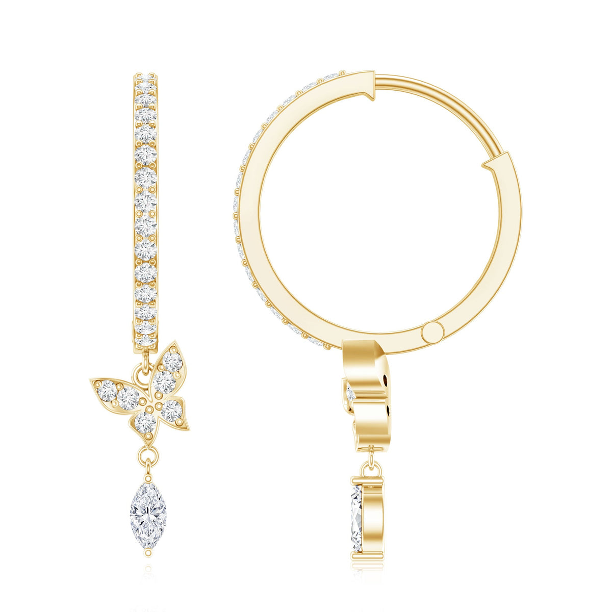 Natural diamond butterfly hoop earrings for women by Rosec Jewels, featuring delicate hoops with sparkling diamond accents.