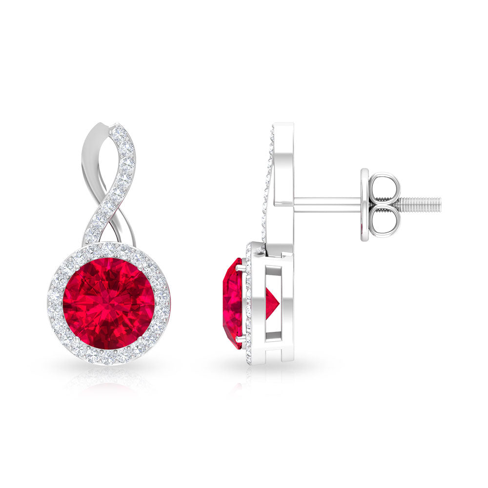 Infinity drop halo earrings by Rosec Jewels featuring 1.50 CT diamonds and created ruby accents.