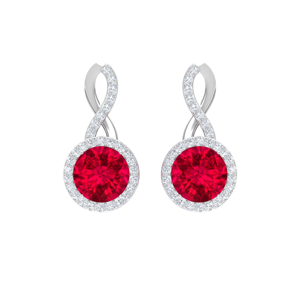 Infinity Drop Halo Earrings by Rosec Jewels featuring 1.50 CT diamonds and created ruby accents in a delicate drop design.