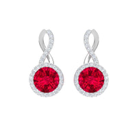 Infinity Drop Halo Earrings by Rosec Jewels featuring 1.50 CT diamonds and created ruby accents in a delicate drop design.