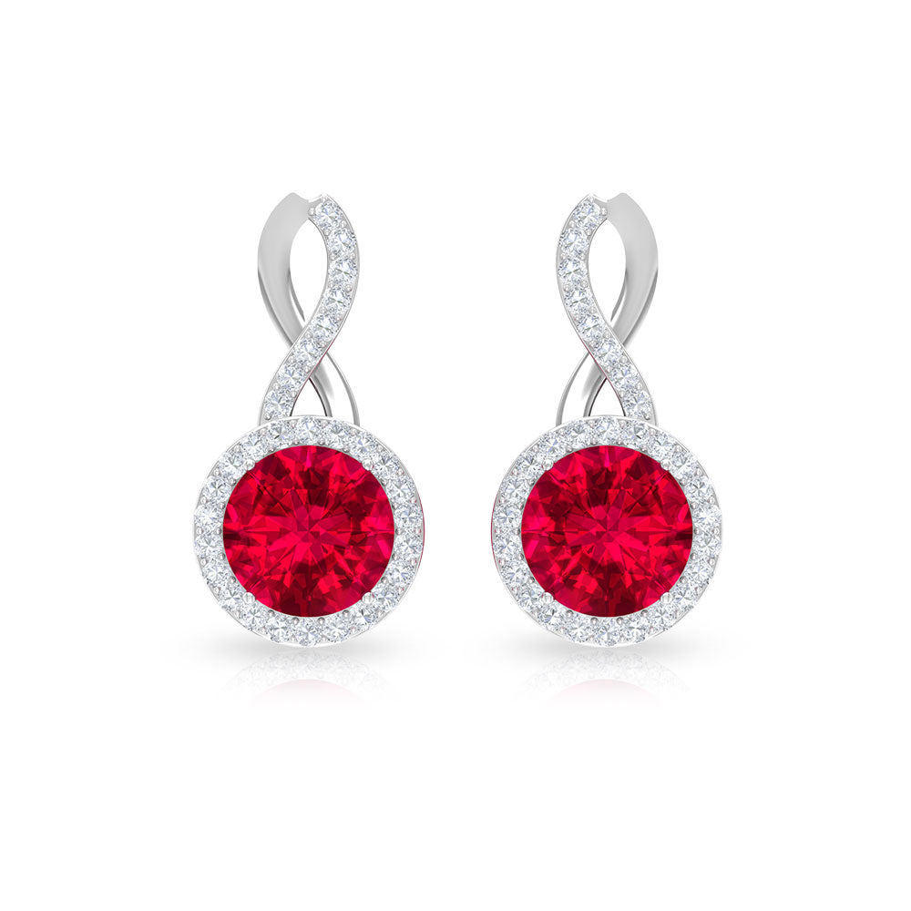 Infinity drop halo earrings by Rosec Jewels featuring 1.50 CT diamonds and created ruby accents in elegant earrings design.
