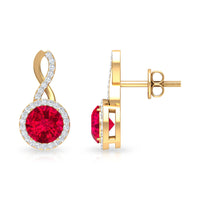 Rosec Jewels Infinity Drop Halo Earrings featuring 1.50 CT diamonds and created ruby, showcasing elegant jewelry design.
