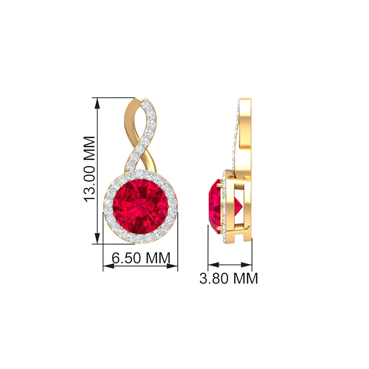 Rosec Jewels infinity drop halo earrings with 1.50 CT diamonds and created ruby, featuring elegant design and sparkling gemstones.