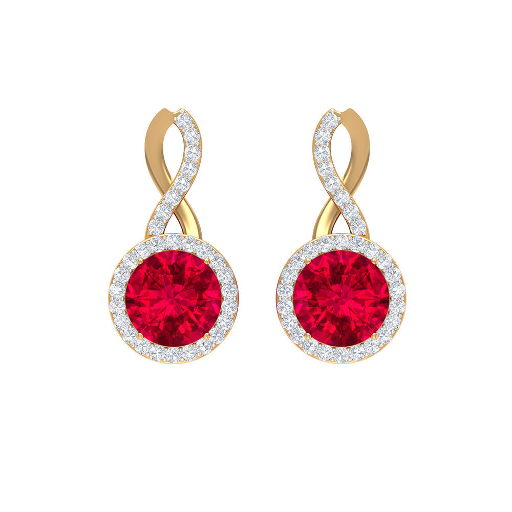 Rosec Jewels infinity drop halo earrings with 1.50 CT diamonds and created ruby, featuring elegant, sparkling jewelry design.