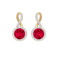 Rosec Jewels infinity drop halo earrings with 1.50 CT diamonds and created ruby, featuring elegant, sparkling jewelry design.