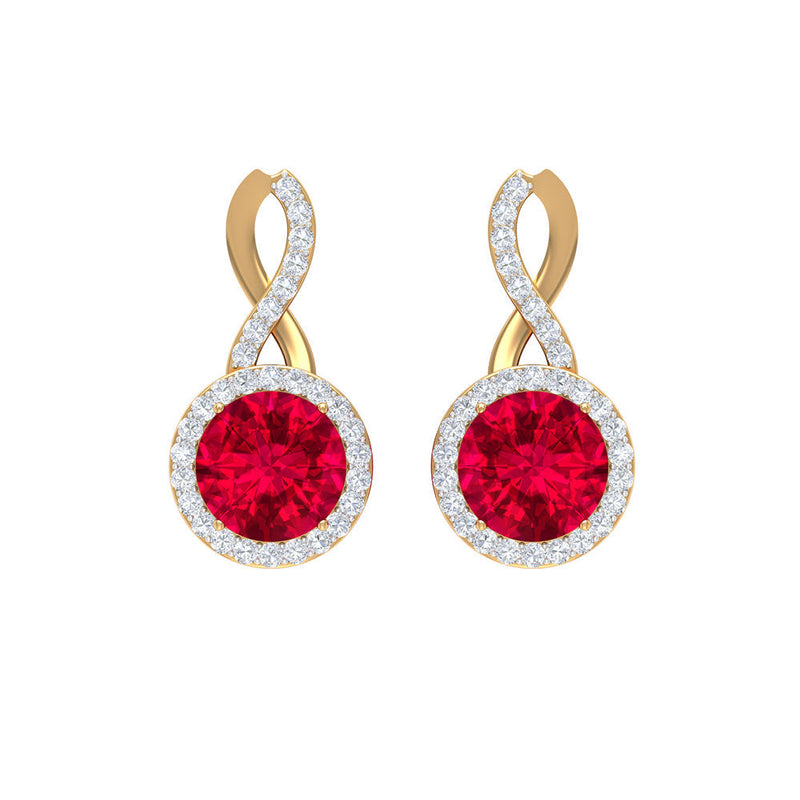 Rosec Jewels infinity drop halo earrings with 1.50 CT diamonds and created ruby, featuring elegant, sparkling jewelry design.