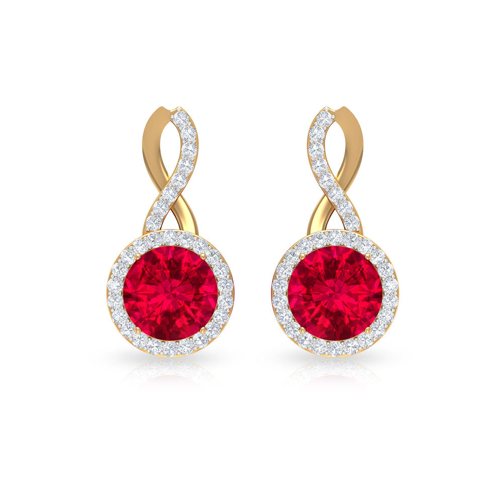 Rosec Jewels Infinity Drop Halo Earrings with 1.50 CT diamonds and created ruby, featuring elegant drop design and sparkling gemstones.