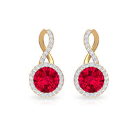 Rosec Jewels Infinity Drop Halo Earrings with 1.50 CT diamonds and created ruby, featuring elegant drop design and sparkling gemstones.
