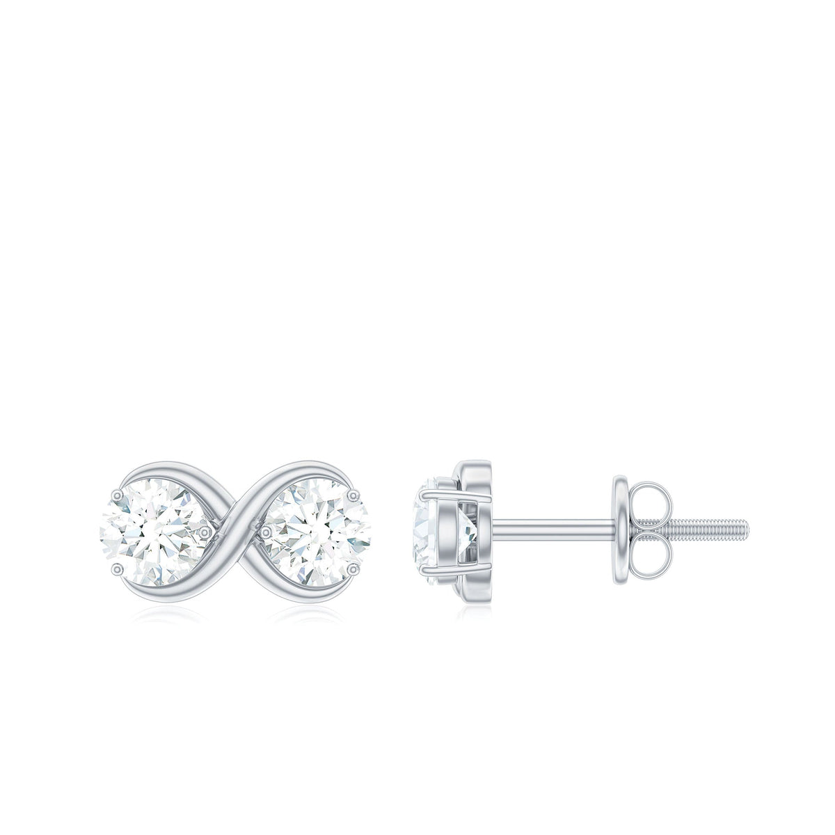 Rosec Jewels 1.25 CT certified moissanite infinity stud earrings with sparkling gemstone details on a white background.