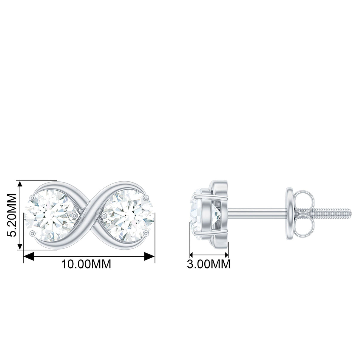 Rosec Jewels 1.25 CT certified moissanite infinity stud earrings featuring sparkling round stones on a silver setting.