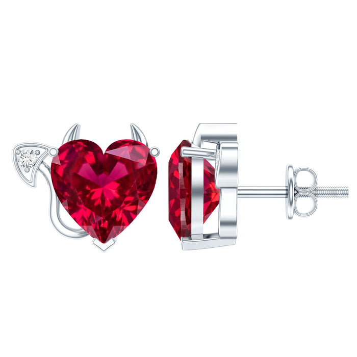 Lab grown ruby devil heart stud earrings by Rosec Jewels, featuring 4-carat heart-shaped red ruby gemstones with a devil motif.