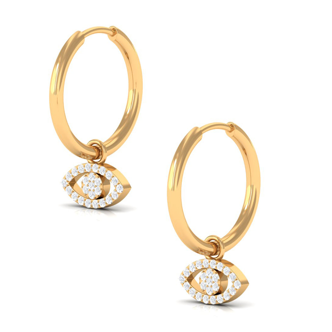 Rosec Jewels natural diamond evil eye drop hoop earrings with intricate design and sparkling diamonds, crafted for elegant style.