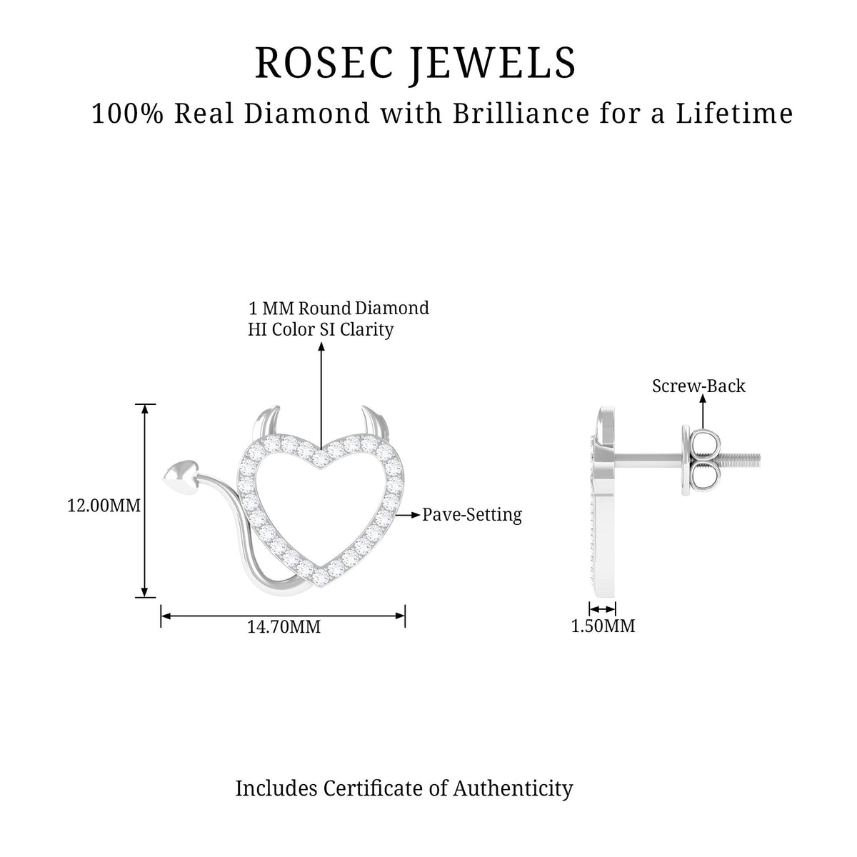 Round diamond devil heart earrings by Rosec Jewels featuring sparkling diamonds and a unique heart-shaped design.