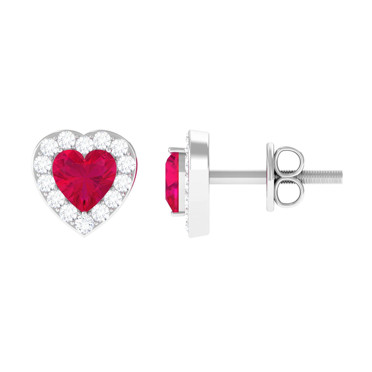 Heart-shaped ruby stud earrings with diamond halo from Rosec Jewels, featuring vibrant red rubies and sparkling diamond accents.